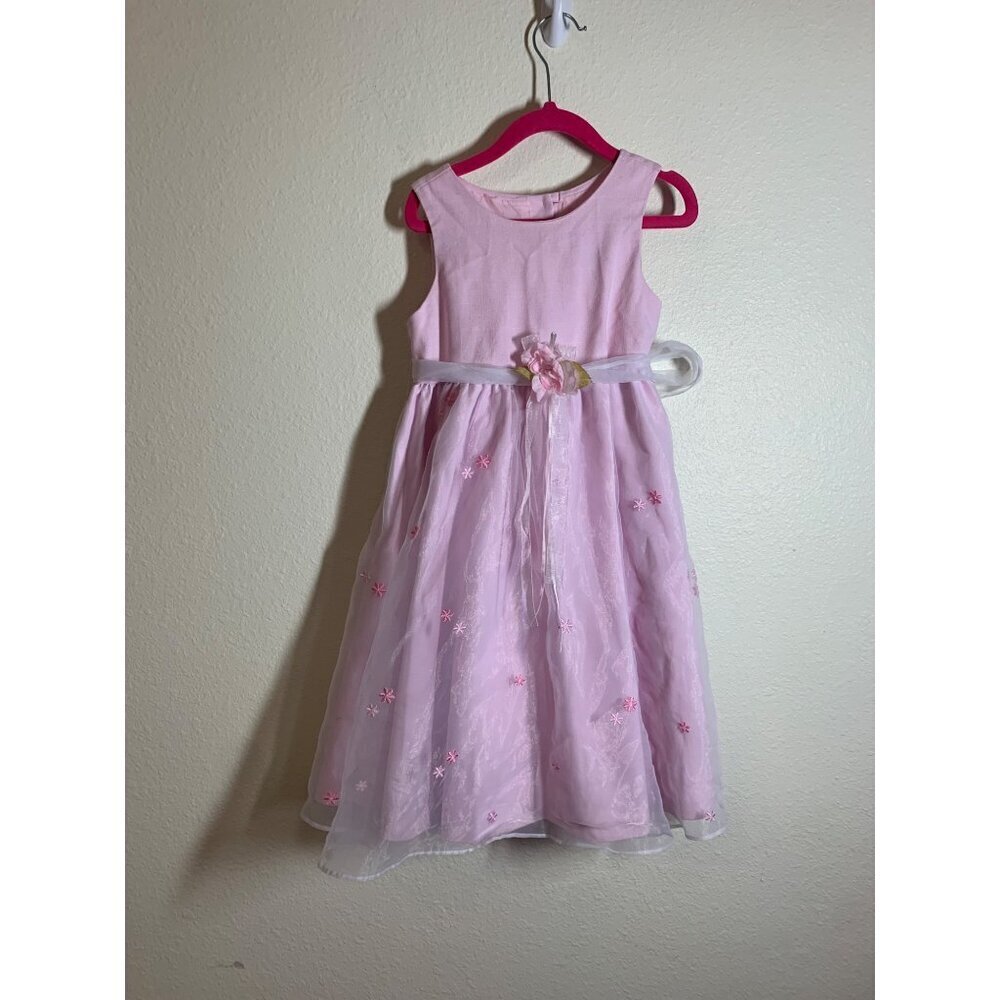 Vintage Green Dog Lined Party Dress Girls Size 5 Floral Pink Spring